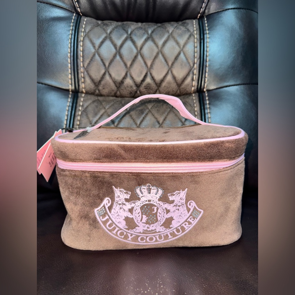 Juicy Couture Velvet Travel Cosmetic Bag Brown/Pink With Travel Toiletry Bottle